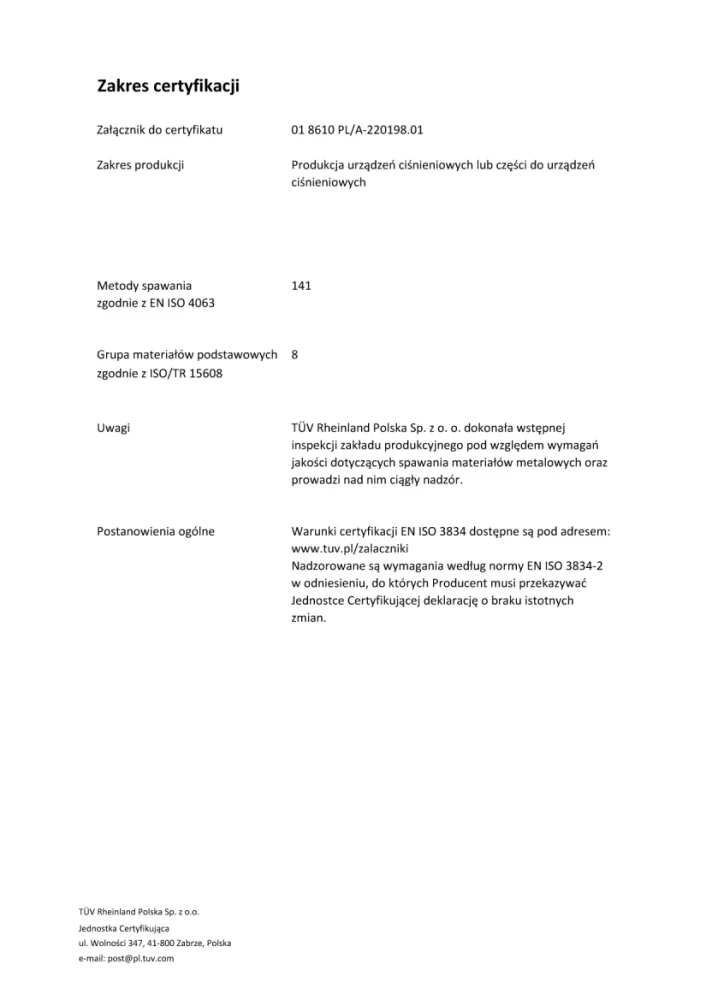 Certyfikat EN ISO 3834 Allfil Filter Technologies Polska Sp. z o.o PL